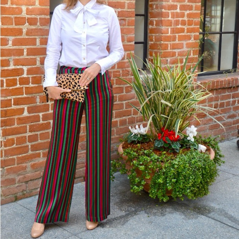 Trina Turk Striped Wide-Leg High Waisted Side Pockets Satin Pants